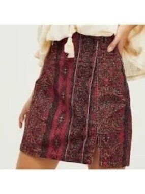 Free People Bohemian-Style Corduroy Mini Skirt Red Black Paisley Print US 4/UK 8